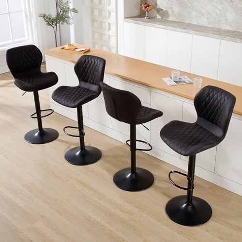 Black Bar Stools Set of 4, Modern Swivel Counter Height Barstools with Back for Kitchen Island Chairs, Adjustable Fabric Bar Stools for Kitchen Counter Bar