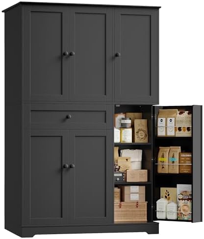 HOSTACK 68" Tall Kitchen Pantry Storage Cabinet, Modern Kitchen Hutch Cabinet with Doors and Shelves, Freestanding Food Pantry with Large Storage Drawer for Dining Room, Living Room, Black