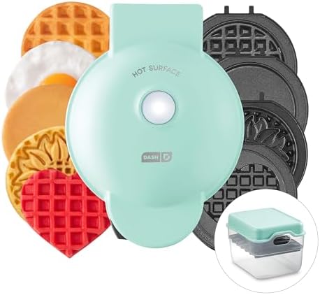 DASH Multimaker Mini System - Waffle Maker with Six 4” Removable Plates & Storage Case: Waffle Iron & Griddle, 4-in-1 Mini Waffle Maker for Kids and Families – Nonstick Surface, Just Add Batter (Aqua)