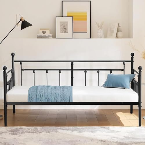 VECELO Twin Size Daybed Frame Metal Steel Slat Support with Headboard Sofa Bed Platform for Living Room, Guest Room, Easy Assembly, Black