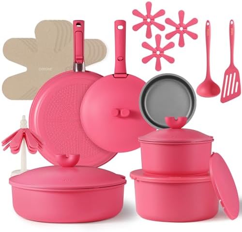 CAROTE 24pcs Pots and Pans Set Non Stick, Nonstick Cookware Set, Oven/Dishwasher/Fridge Safe Pots and Pans, RV Safe Cookware, Induction Kitchen Gift Set Detachable Handle, Pink