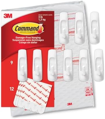 Command Medium Utility Hooks, Damage Free Hanging Wall Hooks with Adhesive Strips, No Tools Wall Hooks for Hanging Organizational Items in Living Spaces, 9 White Hooks and 12 Command Strips