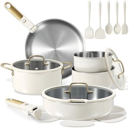 CAROTE 19pcs Tri-Ply Stainless Steel Cookware Set with Detachable Handle, Pots and Pans Set, Induction Kitchen Cooking Sets, RV/Camping Cookware, Outer Ceramic Layer, Oven Safe, Cream White