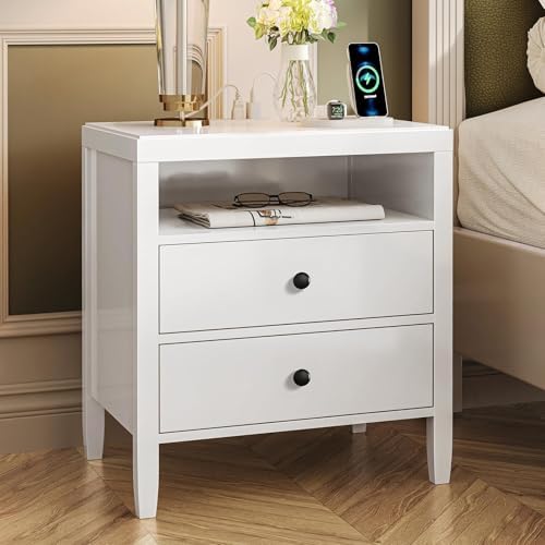 Huuger Nightstand with Charging Station, White Nightstand with 2 Drawers, Bed Side Table for Bedroom, Bedside Table with Storage, Modern Nightstands, Metal Knobs, Painted Surface