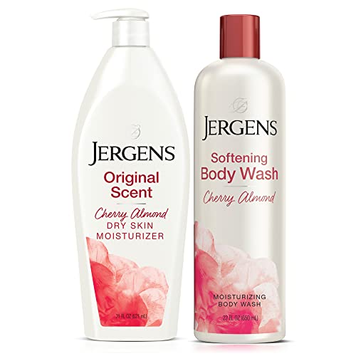 Jergens Original Scent Cherry Almond Bundle: Cherry Almond Dry Skin Moisturizer 21 oz, and Softening Body Wash 22oz