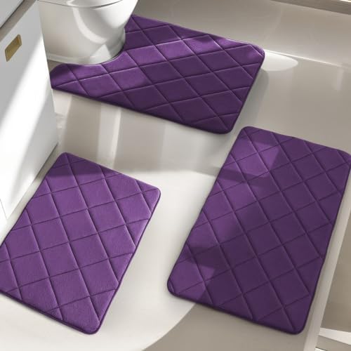 YIHOUSE Purple Bathroom Rug Sets 3 Piece, Ultra Soft Memory Foam Bath Mat Non Slip, Machine Wash Bathroom Mat Set Water Absorbent for Bathroom, Toilet