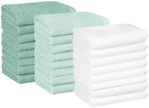 Amazon Basics Cotton Washcloths for Bathroom, Fast Drying, Extra Absorbent, 12 x 12 in, Seafoam Green, Ice Blue, White, 24-Pack