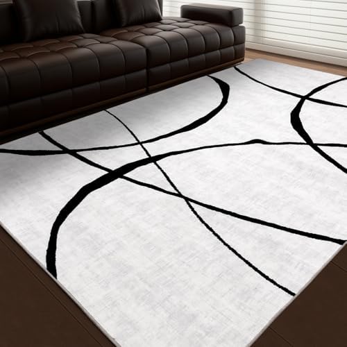 YIHOUSE Modern Washable 8'x10' Area Rug for Living Room Bedroom - Large Abstract Black and White Rug Non-Slip Ultra-Thin Home Decor,Curve,8x10ft