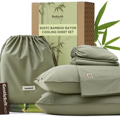 Bedsure Cooling Sheets, Rayon Derived from Bamboo & Cotton Blend, GentleSoft, Breathable, Queen Sheet Set, Deep Pocket Up to 18 Inches, Hotel Luxury Bedding for Hot Sleepers, Sage Green