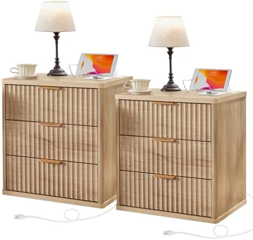 LEYAOYAO 23" Wide Fluted Farmhouse Night Stand Set of 2 with Charging Station, 3 Drawers Large End Table w/Metal Handle, Natural Nightstand Bedside Table,Wood Dresser for Bedroom, Closet