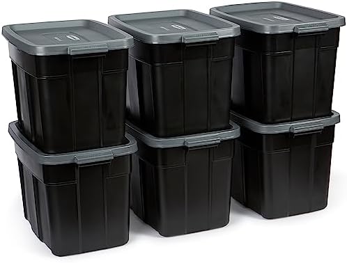 Rubbermaid 18 GAL 6 Pack Garage Storage Bins with Stackable Lid, Heavy Duty - Made in USA - Extreme Temperature Resistant, Durable Plastic Containers with Handles - Solid Black and Grey
