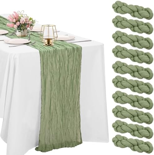 10 Pack Sage Green Cheesecloth Table Runner 10FT Boho Gauze Fabric Table Runner Vintage Rustic Sheer Runners for Wedding Party Bridal Baby Shower Long Table Decorations