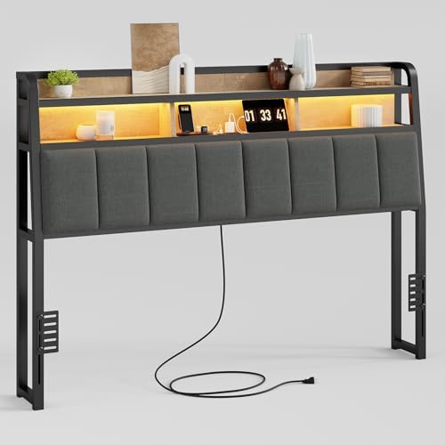 Ergonomic Headboard for Queen Size Bed with 2-Tier Storage, Upholstered Headboards with Outlets, USB Ports, LED Light, Queen Head Board Only, Height Adjustable, Sturdy and Stable, Black & Brown