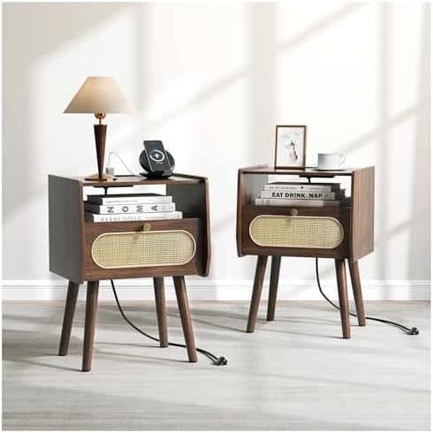 Nightstand Set of 2, Rattan Night Stands with Charging Station, Mid Century Modern Bedside Table with Drawer, Boho Dark Brown End Table with Storage, Wood Side Table for Bedroom, Dark Walnut