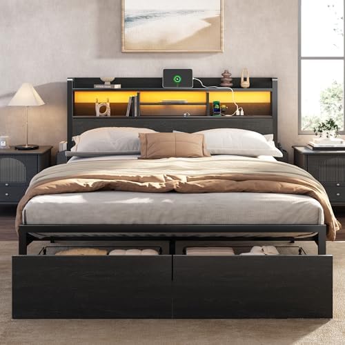 Furnulem Queen Bed Frame with Wood Headboard and Storage Shelf, Metal Platform Bed Frame Queen Size with Storage Drawers, LED Lights and Charging Station, No Box Spring Needed, Noise Free, Black