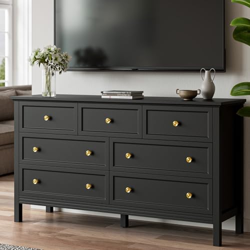 Dresser for Bedroom with 7 Drawers, 55'' Large Black Wood Dresser with Gold Handles, Modern Wide Chest of Storage Drawers for Hallway, Living Room