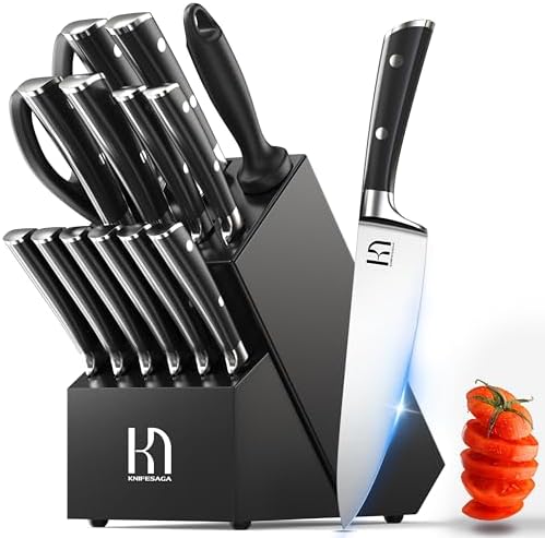 2025 Knife Set 15 Pcs Japanese High Carbon Stainless Steel Kitchen Knife Sets with Block & Sharpener, Premium Razor-Sharp Black Knives Block Set for Kitchen, Ergonomic Full-Tang Handle