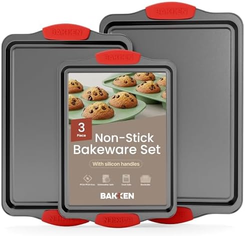 Baking Pan Set – 3 Piece Cookie Sheet – Deluxe Black Non-Stick Carbon Steel – Silicone Handles – Commercial Grade Restaurant Quality – PFOA PFOS and PTFE Free by Bakken