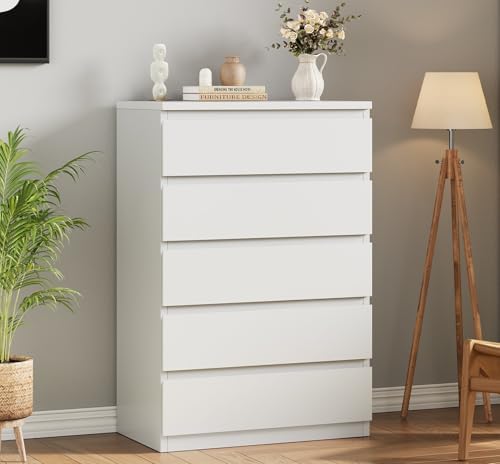 Modern White 5 Drawer Dresser for Bedroom, 15" D x 23.7" W x 40.4" H in Simply Chest of Drawers, Wood Storage Dresser with Deep Drawers for Living Room Hallway Entryway, White