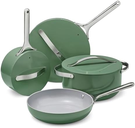 Caraway Nonstick Ceramic Cookware Set (12 Piece) Pots, Pans, Lids and Kitchen Storage - Non Toxic - Oven Safe & Compatible with All Stovetops - Sage