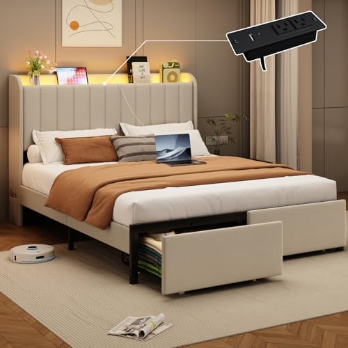 Full Size Bed Frames with Storage Headboard and 2 Drawers, Upholstered Platform Bed Frame Full with Led Lights and Handy Charging Station, No Box Spring Needed, Easy Assembly, Noise Free, Beige