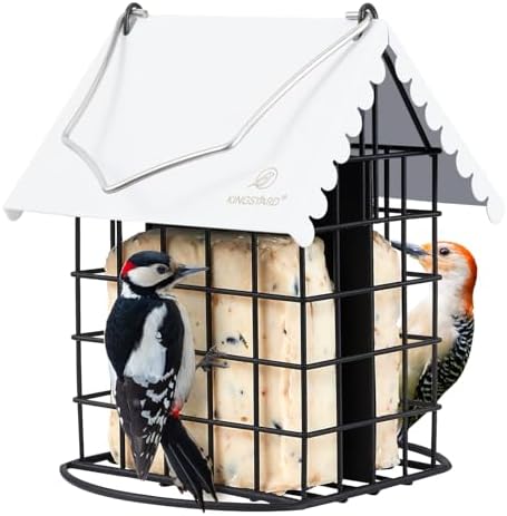 Kingsyard Double Suet Bird Feeder with Weatherproof Roof & Perch, All Metal, Suet Cakes Cage Bird Feeder for Outdoors Hanging, Easy to Clean & Refill, White