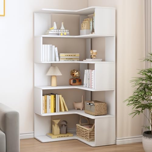 IOTXY 6-Tier L-Shaped Corner Bookshelf - 66" Tall Wooden Freestanding Bookcase with Open Shelf Units, White