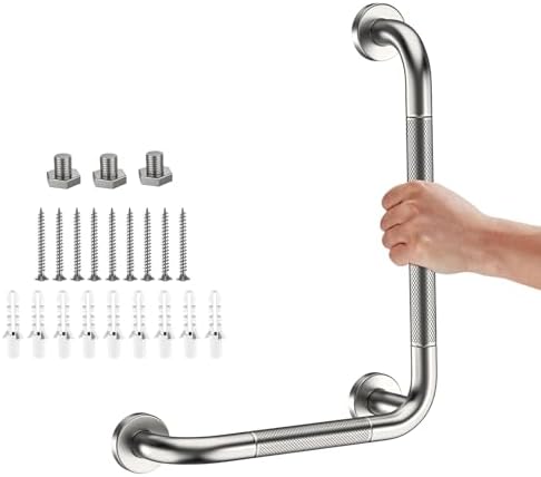 L-Shaped Angled Grab Bar 12x16 Inch Brushed Nickel Anti-slip Knurled Shower Handle Wall Mount, Stainless Steel Shower Bar for Seniors Injured Balance Support, Handicap Grab Bars for Bathtubs & Showers