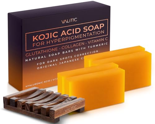 VALITIC Kojic Acid Soap for Hyperpigmentation - with Glutathione, Collagen & Vitamin C - Natural Soap Bars with Turmeric - Original Japanese Complex for Dark Spot Correction - 4 Pack + Holder
