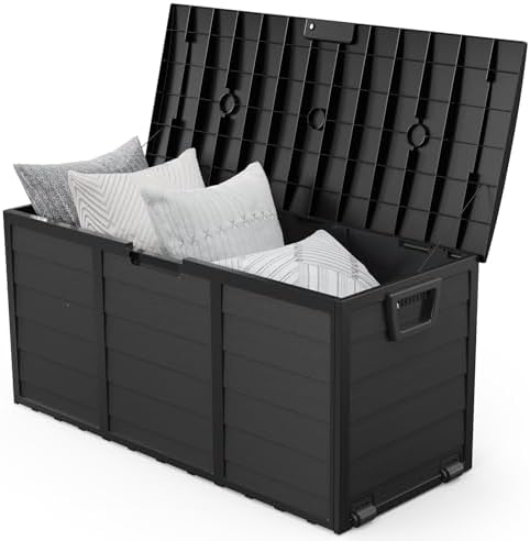VINGLI 75 Gallon Outdoor Storage Box, Lockable Plastic Storage Containers with Lid, Patio Deck Box Furniture for Garden, Pool, Balcony, Yard (Full Black)