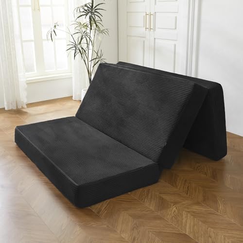 BYBYME Tri-Folding Corduroy Mattress, 6 Inch Gel Folding Mattress Topper, Foldable Soft Guest Bed Camping Pad, Washable Cover (Black, Full)