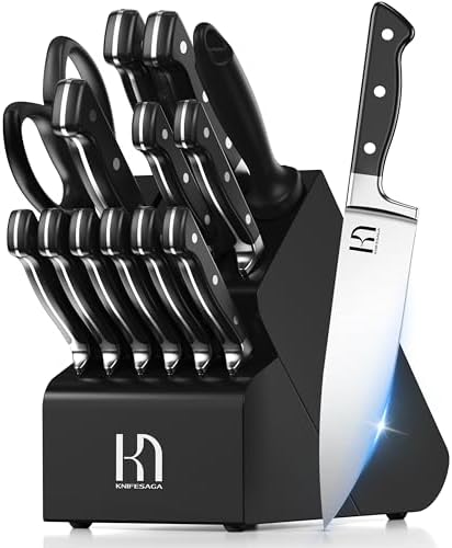 Knife Set, 15 Pcs Kitchen Knife Block Set, Enduring Razor-Sharp Japanese High Carbon Stainless Steel Chef Knife Set with Block and Sharpener, Premium Black Knives Set for Kitchen