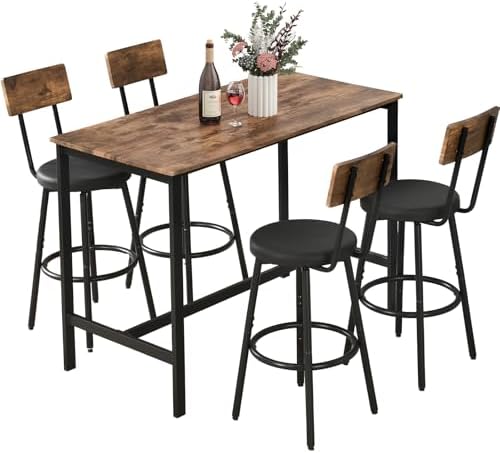 Dining Table Set for 4, 5-Piece Bar Table Set, Kitchen Table and Chairs, Counter Height High Top Table with 4 PU Upholstered Stools, Space-Saving Pub Table Sets for Small Space, Brown
