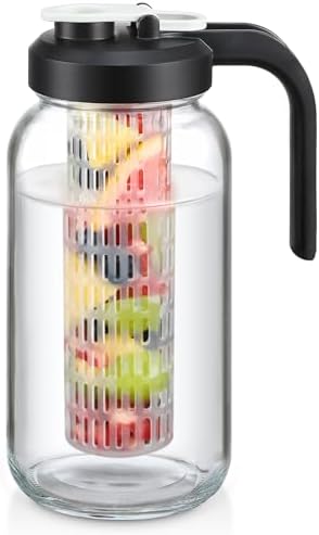 Heavy Duty Mason Jar Fruit Infuser Water Pitcher, Leak-proof Glass Pitcher with Filter Lid, Wide Mouth Glass Jar - 2 Quart