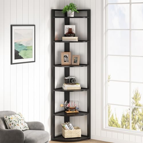 Tribesigns 6 Tier Corner Shelf, 70.9 Inch Tall Corner Bookshelf Small Bookcase Modern Corner Shelving Unit Storage Rack for Living Room, Home Office, Kitchen, Small Space (Black)