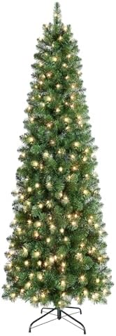 SHareconn 8 ft Prelit Artificial Hinged Slim Pencil Christmas Tree with Warm White Lights, Full Branch Tips, Good Choice Decoration for Xmas Holiday, 8 FT, Green