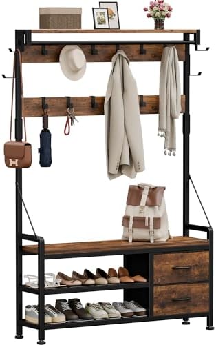 Lulive Hall Tree with Bench and Shoe Storage, 39.4” Entryway Bench with Coat Rack freestanding, 5 in 1 Entryway Furniture Organizer Large Coat and Shoe Rack with 21 Hooks and Drawers, Rustic Brown