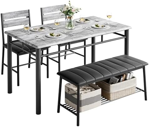 IRONCK Dining Table Set for 4, Kitchen Table with Upholstered Bench and 2 Chairs, Kitchen Table and Chairs Set for Small Space, Apartment, Gray