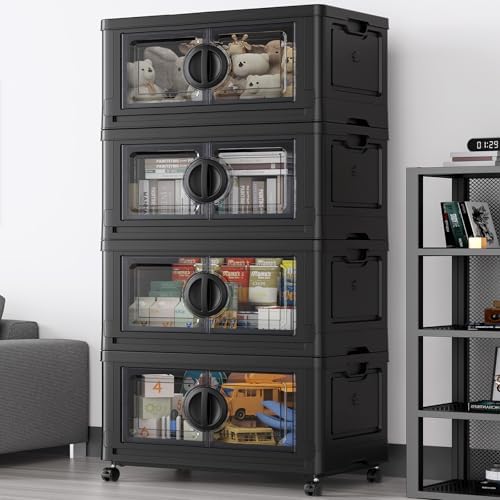 BROVIEW 480Qt Lockable Stackable Storage Bins with Lids, Closet Organizers and Storage Drawer, Collapsible Storage Bin with Wheels, Plastic Cabinet for Toy Clothes Dorm Organizer, V9 4 Pack Black