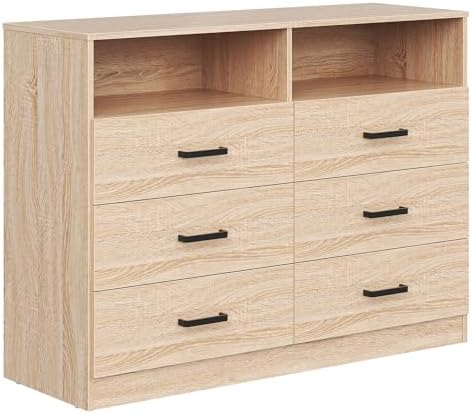 Bigbiglife 6 Drawers Dresser for Bedroom Wooden Drawer with Open Storage Cubby, Double Wide Dresser Organizer for Bedroom, Living Room, Entryway, Hallway (Light Oak)