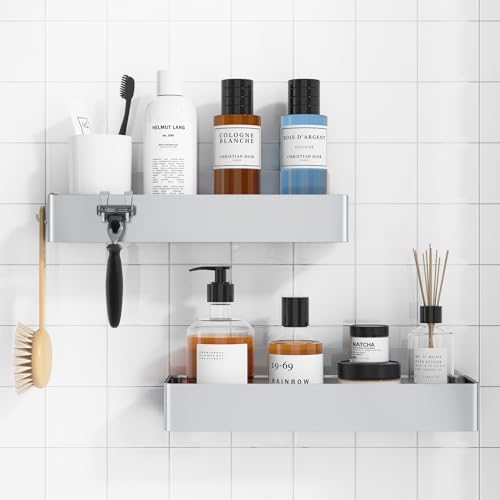 Kitsure X-Large Shower Caddy - 2 Pack Adhesive Shower Organizer, Rustproof Stainless Steel Shelves, No-Drill Bathroom Organizers and Storage, Silver