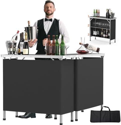VINGLI 39" Portable Bar Table, 3-Tier Shelves, Mobile Bar Table for Events, Party, Camping, Picnic, Tradeshow, Indoor with Black Skirt(1 Pack) (2, 39")