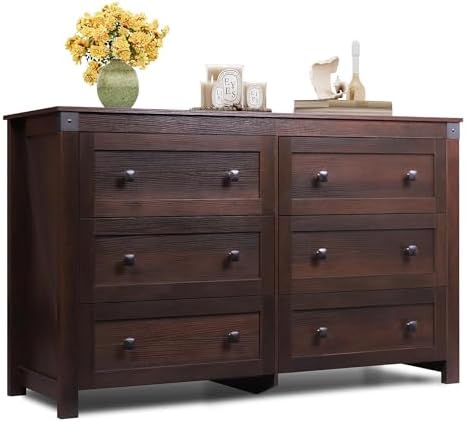 WLIVE Farmhouse 6 Drawer Dresser for Bedroom, 53.07'' Wide Wood Dresser, Storage Organizer with Double Rustic Handle, TV Stand for 60 inch TV, Chest of Drawers for Living Room, Hallway, Brown