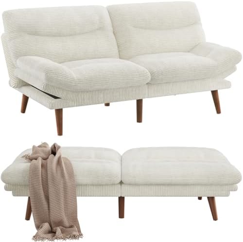 Pipishell Futon Sofa Bed, Modern 66" Futon Couch Convertible to Bed & Lounger, Compact Size, Comfortable Cushions, Durable Construction - Fits Small Spaces, Corduroy (Satin White, 66 Inch)