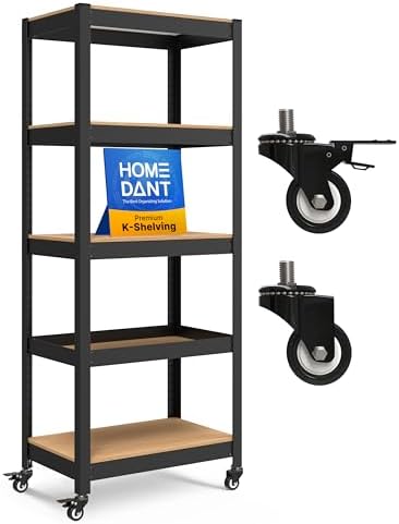 HOMEDANT House 5-Tier Metal Rolling Cart Shelf Rack Casters Heavy Duty Laminated Wheel Shelving Unit Adjustable Utility Storage Shelves Organizer Shelf Kitchen Garage 24.4" W x 16.5" D x 62.2" H 1Pack