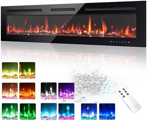 EUHOMY 60 Inch Electric Fireplace Wall Recessed and Wall Mounted with Adjustable Flame Color, Fireplace Heater with Remote Control, Linear Fireplace with Timer, Touch Screen, Log & Crystal, 750/1500W
