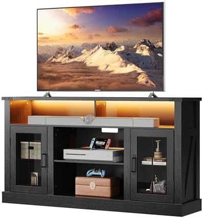 WLIVE Farmhouse TV Stand for 65 Inch TV, Tall Entertainment Center with LED Lights & Storage Cabinets, TV Media Console Table with Adjustable Shelf for Living Room, Bedroom, Home Theater, Black