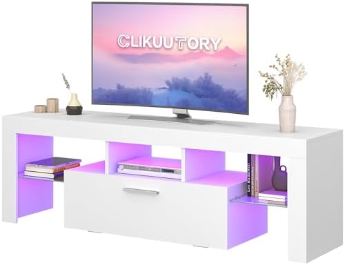 Clikuutory Modern Lighting 51 inch TV Stand with Large Storage Drawer for 32 40 50 55 Inch TVs, TV Console with 20 Color LED Lights, Entertainment Center Media and Open Shelf for Bedroom, White