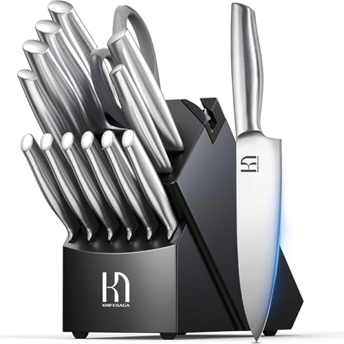Knife Set Premium, Japanese 14 Pcs Kitchen Knife Block Set Enduring Razor Sharp High Carbon Stainless Steel, Black Chef Knives Set with Built-in Sharpener and Quality Acacia Wood Block