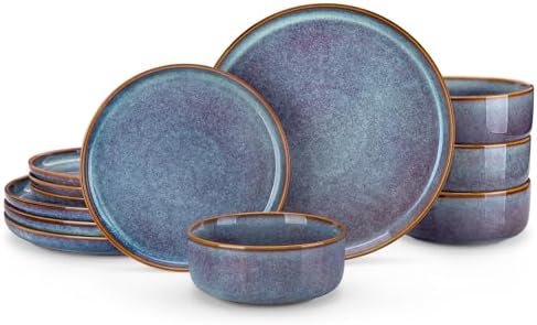 vancasso PLAYA Plates and Bowls Sets, 12 Pieces Grey-Blue Dinnerware Sets for Kitchen, Reactive Glaze Dishes Set for 4, Dishwasher and Microwave Safe